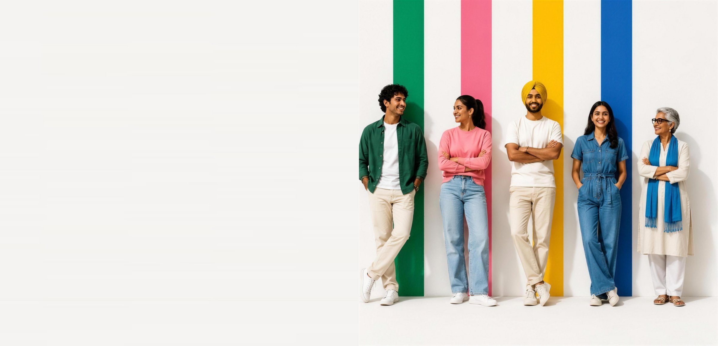 Five people smiling against colourful stripes